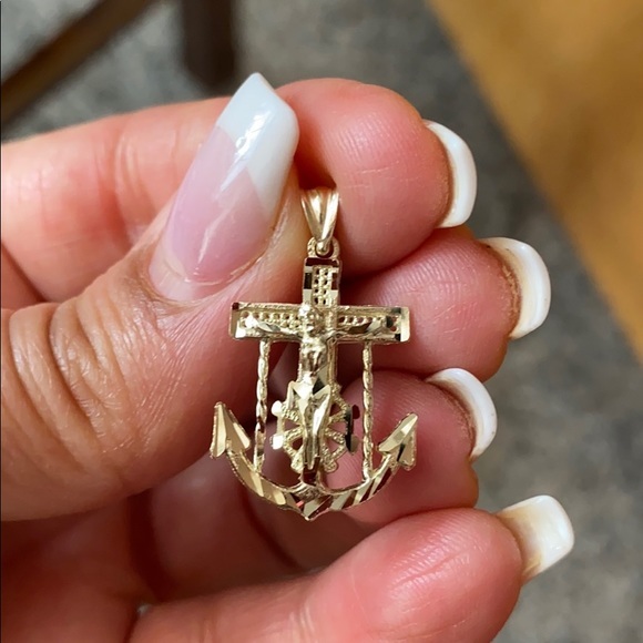 10k Gold Cross Jesus Anchor Pendant Charm